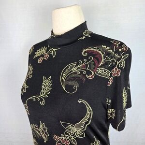 Kathy‎ Ireland Essentials Floral Print Top Mock Neck Short Sleeve Black Large